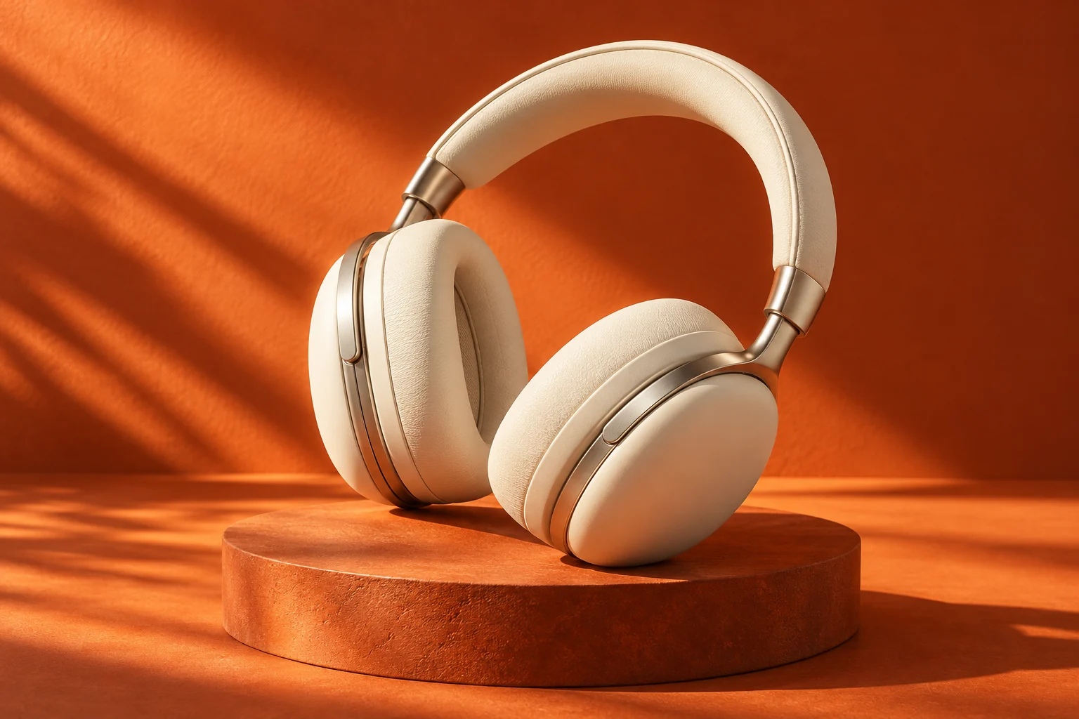 Sculptural ivory headphones against a vivid coral backdrop
