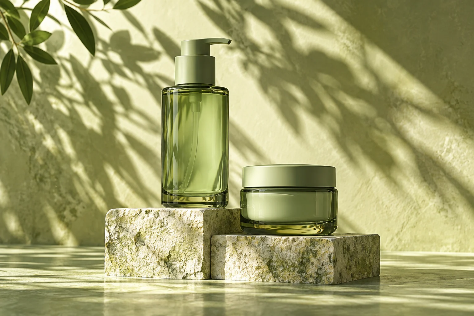 Sage glass skincare bottles with soft botanical shadows